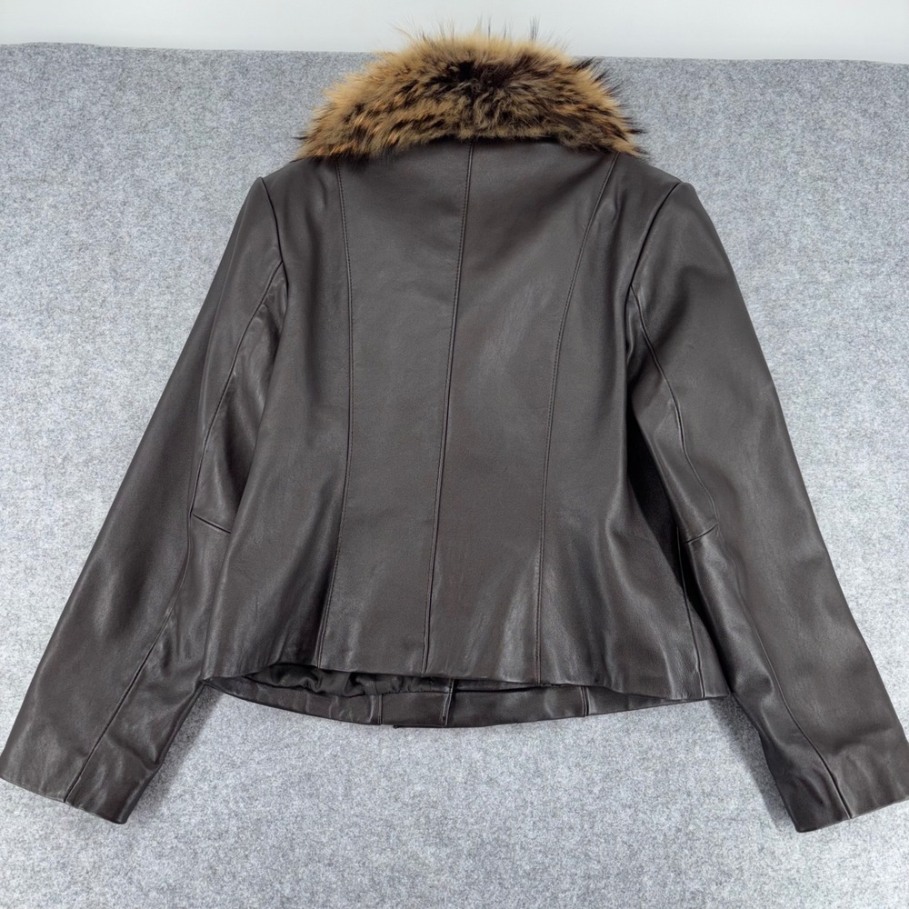 Preston & York Brown Lambskin Leather Jacket Genuine Raccoon Fur Collar Medium - Picture 9 of 11